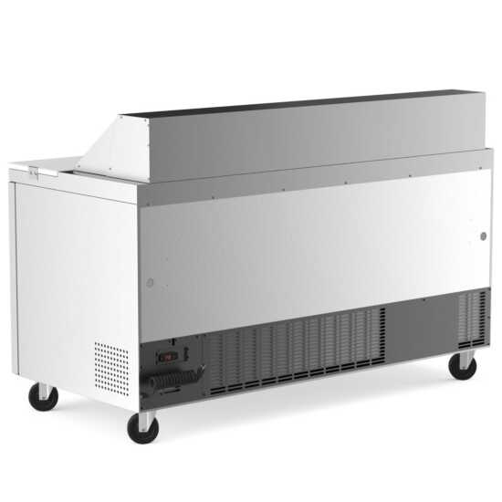 Coldline SP60 60-inch refrigerated sandwich prep table with a cutting board and food pans. This large unit provides extensive prep space, featuring a durable cutting board and multiple food pans for efficient sandwich making.