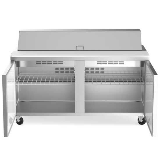 Coldline SP60 60-inch refrigerated sandwich prep table with a cutting board and food pans. This large unit provides extensive prep space, featuring a durable cutting board and multiple food pans for efficient sandwich making.