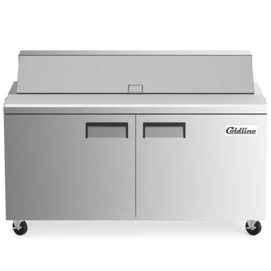 Coldline SP60 60-inch refrigerated sandwich prep table with a cutting board and food pans. This large unit provides extensive prep space, featuring a durable cutting board and multiple food pans for efficient sandwich making.