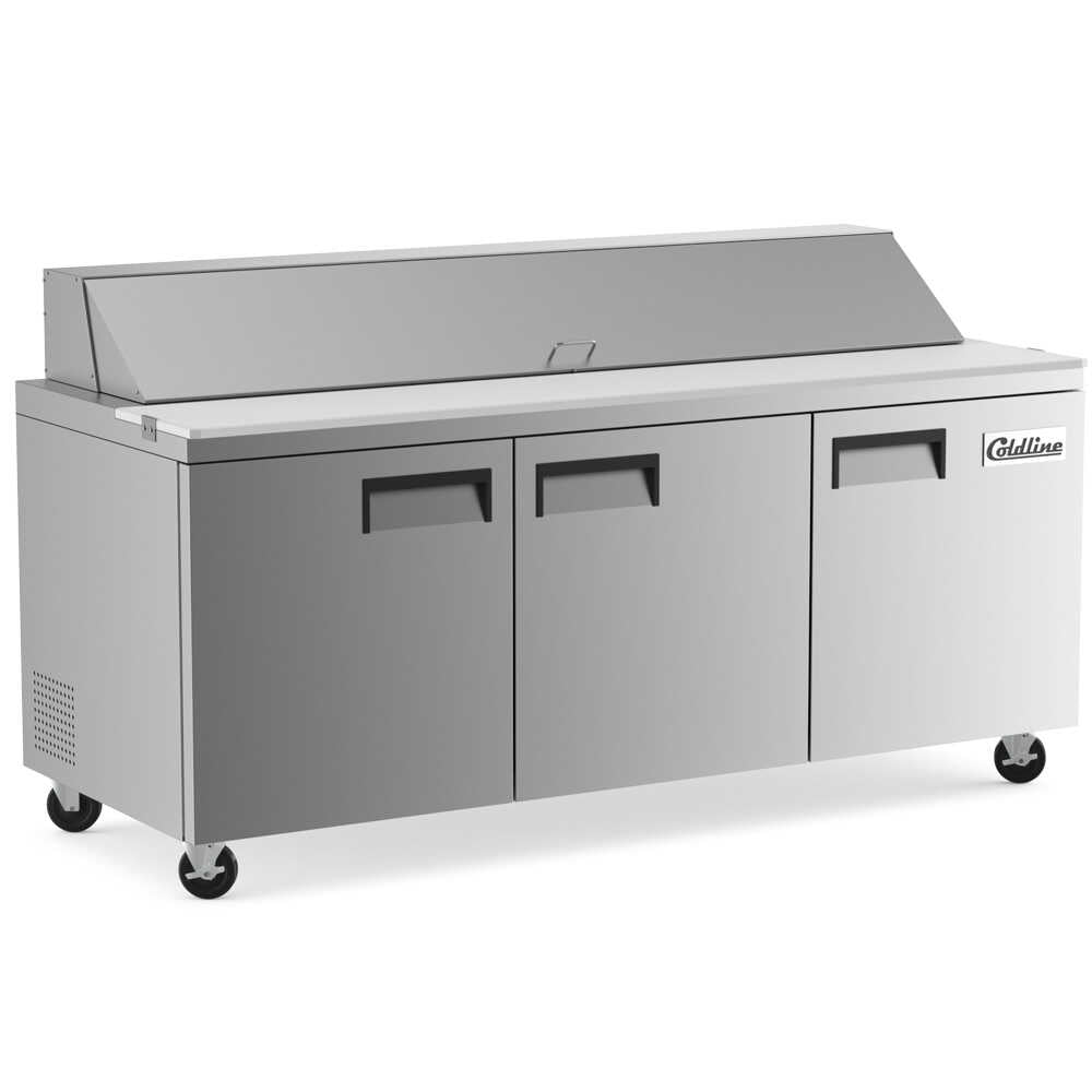 Coldline SP72 72-inch refrigerated sandwich prep table featuring a cutting board and food pans. Ideal for restaurant kitchens to store ingredients at safe temperatures and prep sandwiches efficiently.