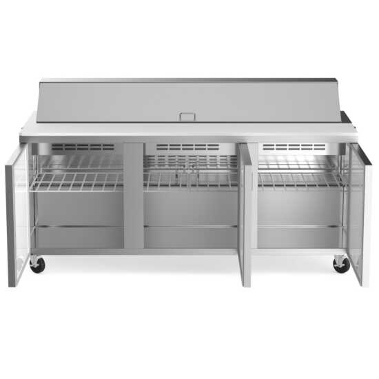 Coldline SP72 72-inch refrigerated sandwich prep table featuring a cutting board and food pans. Ideal for restaurant kitchens to store ingredients at safe temperatures and prep sandwiches efficiently.