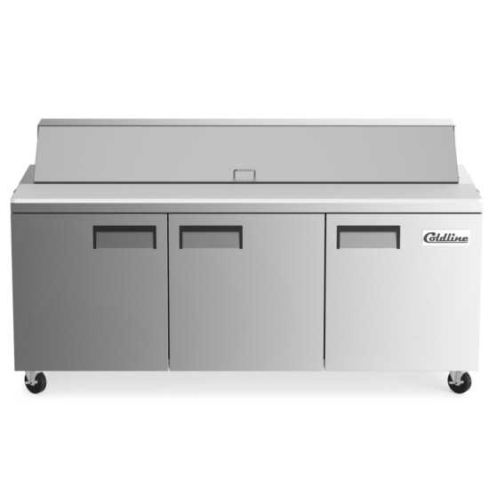 Coldline SP72 72-inch refrigerated sandwich prep table featuring a cutting board and food pans. Ideal for restaurant kitchens to store ingredients at safe temperatures and prep sandwiches efficiently.
