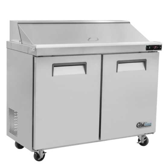 Coldline SPN-48 48-inch narrow depth refrigerated sandwich prep table with cutting board and food pans. Compact design ideal for kitchens with limited space, offering efficient ingredient storage and prep.