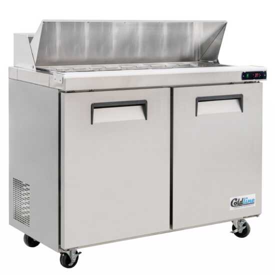 Coldline SPN-48 48-inch narrow depth refrigerated sandwich prep table with cutting board and food pans. Compact design ideal for kitchens with limited space, offering efficient ingredient storage and prep.