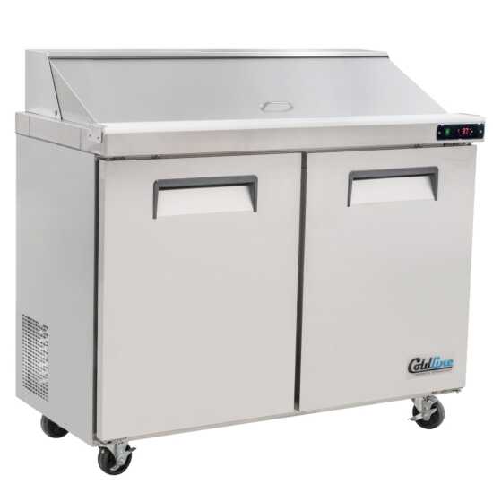 Coldline SPN-48 48-inch narrow depth refrigerated sandwich prep table with cutting board and food pans. Compact design ideal for kitchens with limited space, offering efficient ingredient storage and prep.