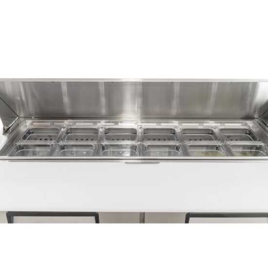 Coldline SPN-48 48-inch narrow depth refrigerated sandwich prep table with cutting board and food pans. Compact design ideal for kitchens with limited space, offering efficient ingredient storage and prep.