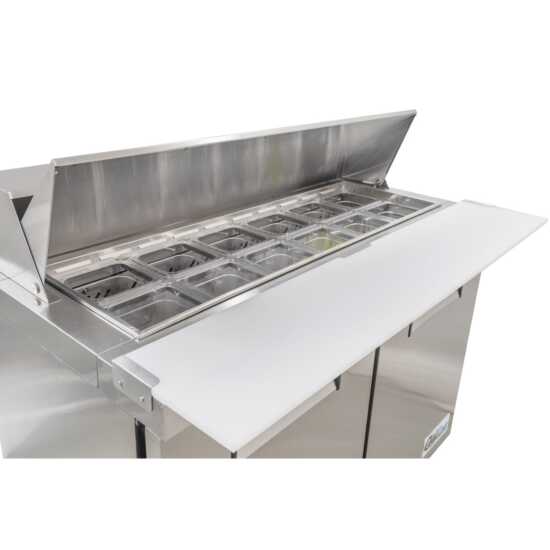 Coldline SPN-48 48-inch narrow depth refrigerated sandwich prep table with cutting board and food pans. Compact design ideal for kitchens with limited space, offering efficient ingredient storage and prep.