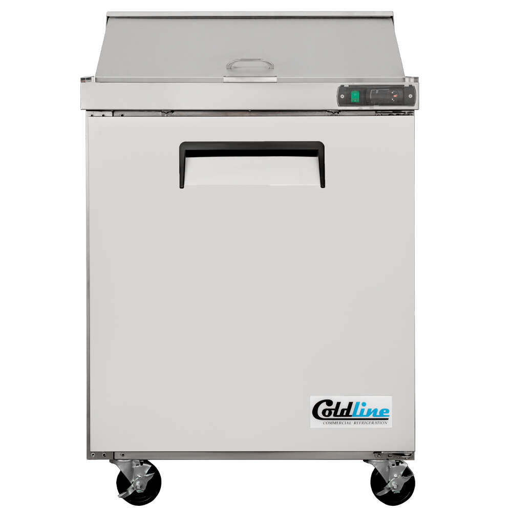 Coldline SPN-29 29" Narrow Depth Refrigerated Sandwich Prep Table with a space-saving design, durable stainless steel construction, cutting board, food pans, and energy-efficient cooling. Perfect for compact commercial kitchens needing efficient food prep and storage.