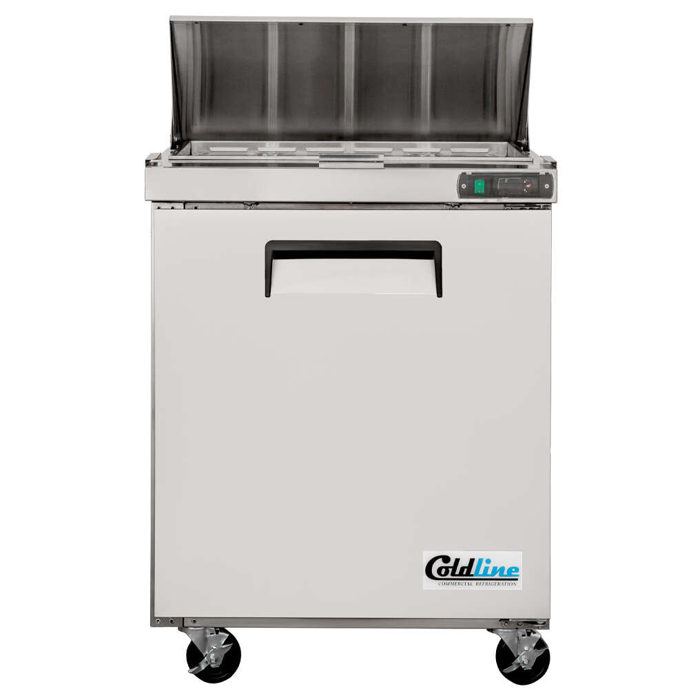 Coldline SPN-29 29" Narrow Depth Refrigerated Sandwich Prep Table with a space-saving design, durable stainless steel construction, cutting board, food pans, and energy-efficient cooling. Perfect for compact commercial kitchens needing efficient food prep and storage.