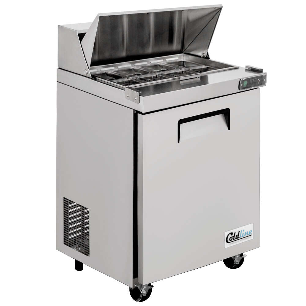 Coldline SPN-29 29" Narrow Depth Refrigerated Sandwich Prep Table with a space-saving design, durable stainless steel construction, cutting board, food pans, and energy-efficient cooling. Perfect for compact commercial kitchens needing efficient food prep and storage.