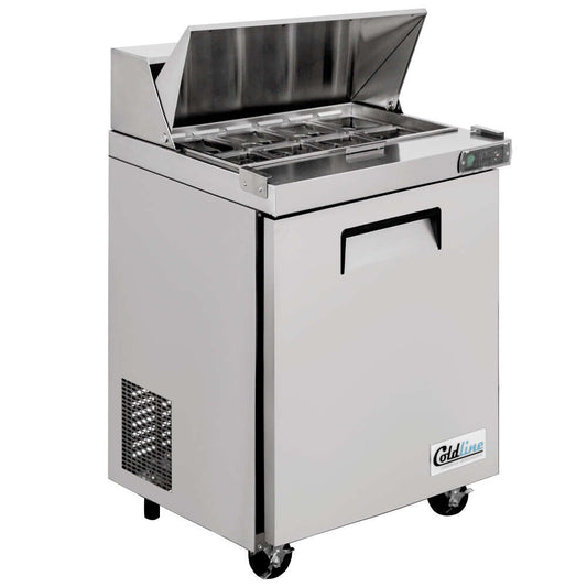 Coldline SPN-29 29" Narrow Depth Refrigerated Sandwich Prep Table with a space-saving design, durable stainless steel construction, cutting board, food pans, and energy-efficient cooling. Perfect for compact commercial kitchens needing efficient food prep and storage.