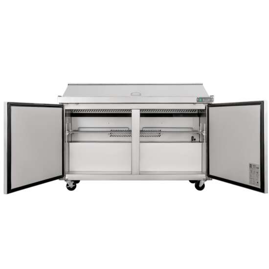 Coldline SPN-60 60" Narrow Depth Refrigerated Sandwich Prep Table featuring a space-saving design, durable stainless steel construction, a large cutting board, food pans, and energy-efficient cooling. Ideal for efficient food preparation in busy commercial kitchens.