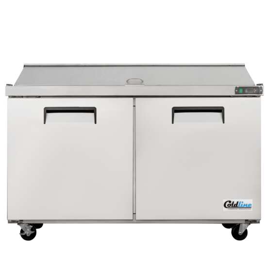 Coldline SPN-60 60" Narrow Depth Refrigerated Sandwich Prep Table featuring a space-saving design, durable stainless steel construction, a large cutting board, food pans, and energy-efficient cooling. Ideal for efficient food preparation in busy commercial kitchens.