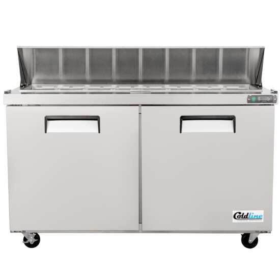 Coldline SPN-60 60" Narrow Depth Refrigerated Sandwich Prep Table featuring a space-saving design, durable stainless steel construction, a large cutting board, food pans, and energy-efficient cooling. Ideal for efficient food preparation in busy commercial kitchens.