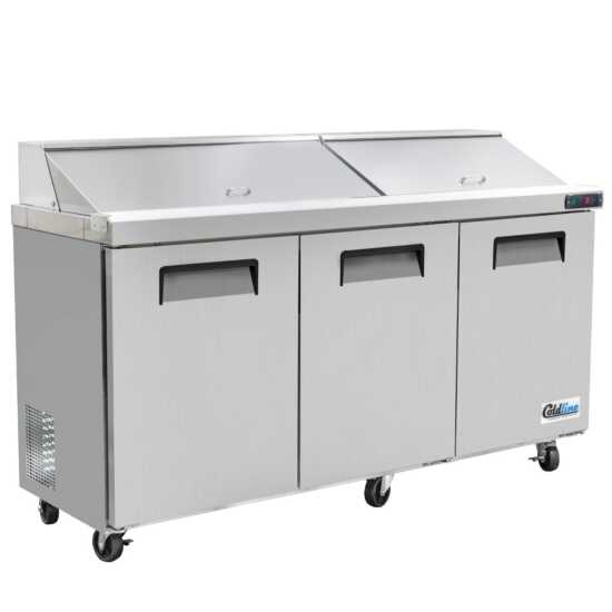 Coldline SPN-72 72-inch narrow depth refrigerated sandwich prep table with cutting board and food pans. Space-efficient design perfect for kitchens, providing ample storage and a prep area for sandwiches.