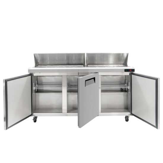 Coldline SPN-72 72-inch narrow depth refrigerated sandwich prep table with cutting board and food pans. Space-efficient design perfect for kitchens, providing ample storage and a prep area for sandwiches.