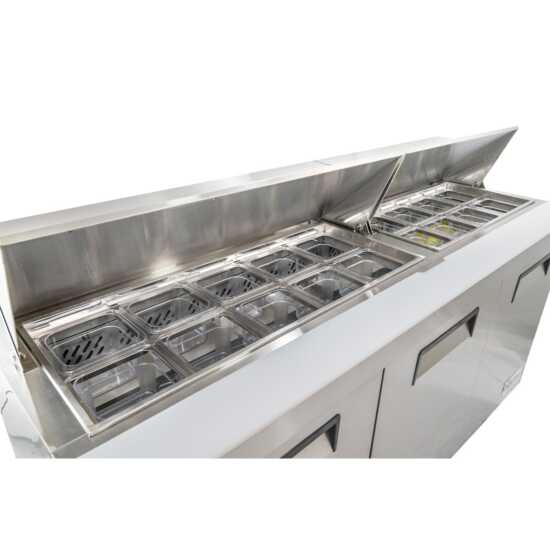 Coldline SPN-72 72-inch narrow depth refrigerated sandwich prep table with cutting board and food pans. Space-efficient design perfect for kitchens, providing ample storage and a prep area for sandwiches.