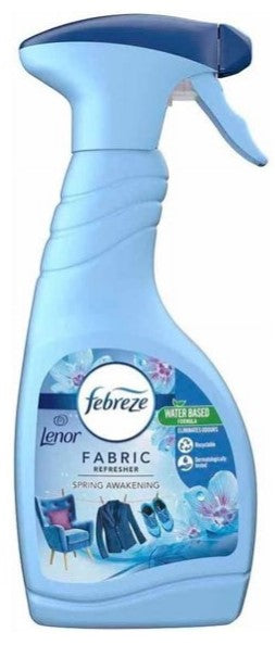 Febreze Fabric Refresher Spray in Spring Awakening scent, 500 ml bottle for eliminating odors and freshening fabrics.