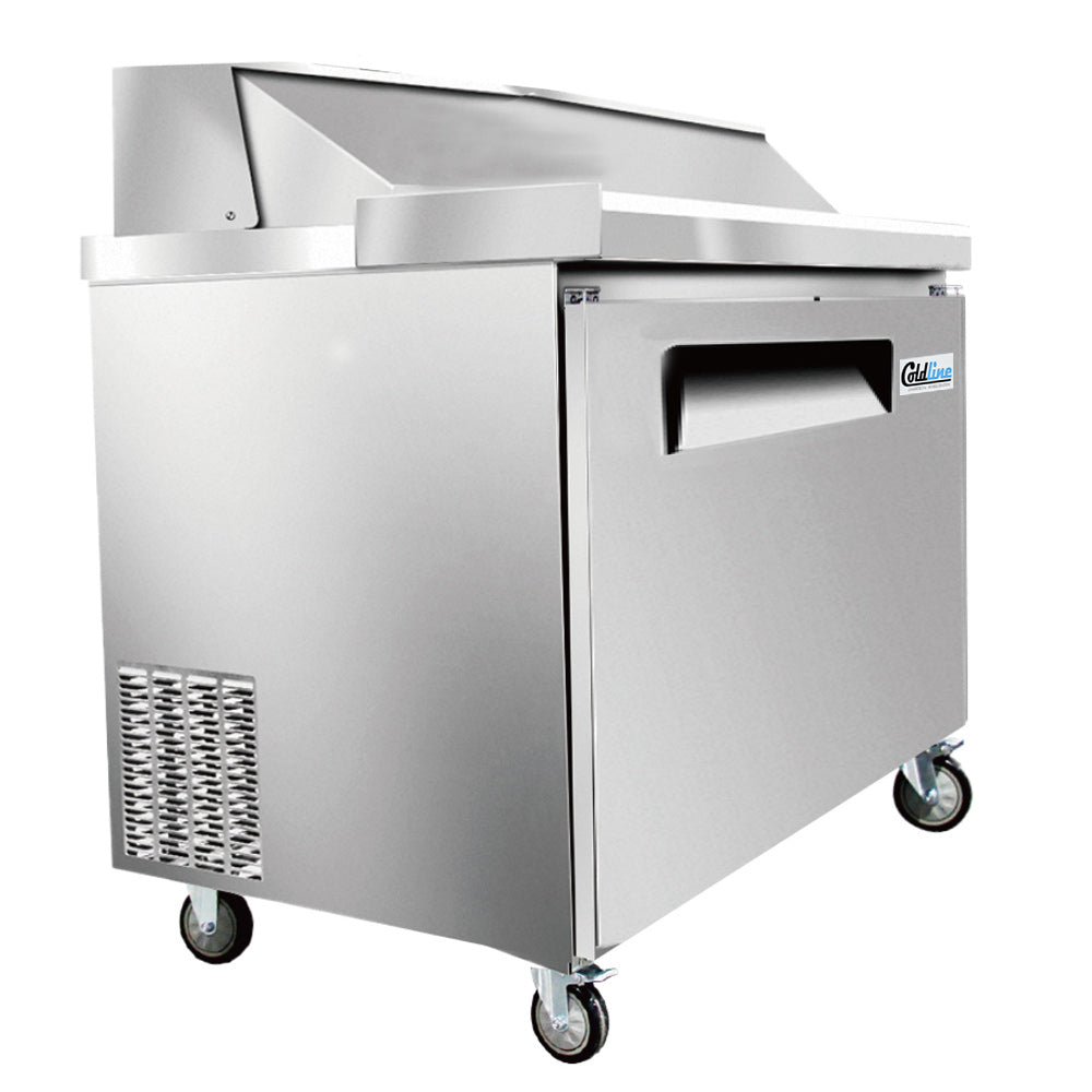 Coldline SP27T 27-inch refrigerated sandwich prep table with stainless steel body, built-in cutting board, and included food pans for efficient sandwich and salad preparation in commercial kitchens.