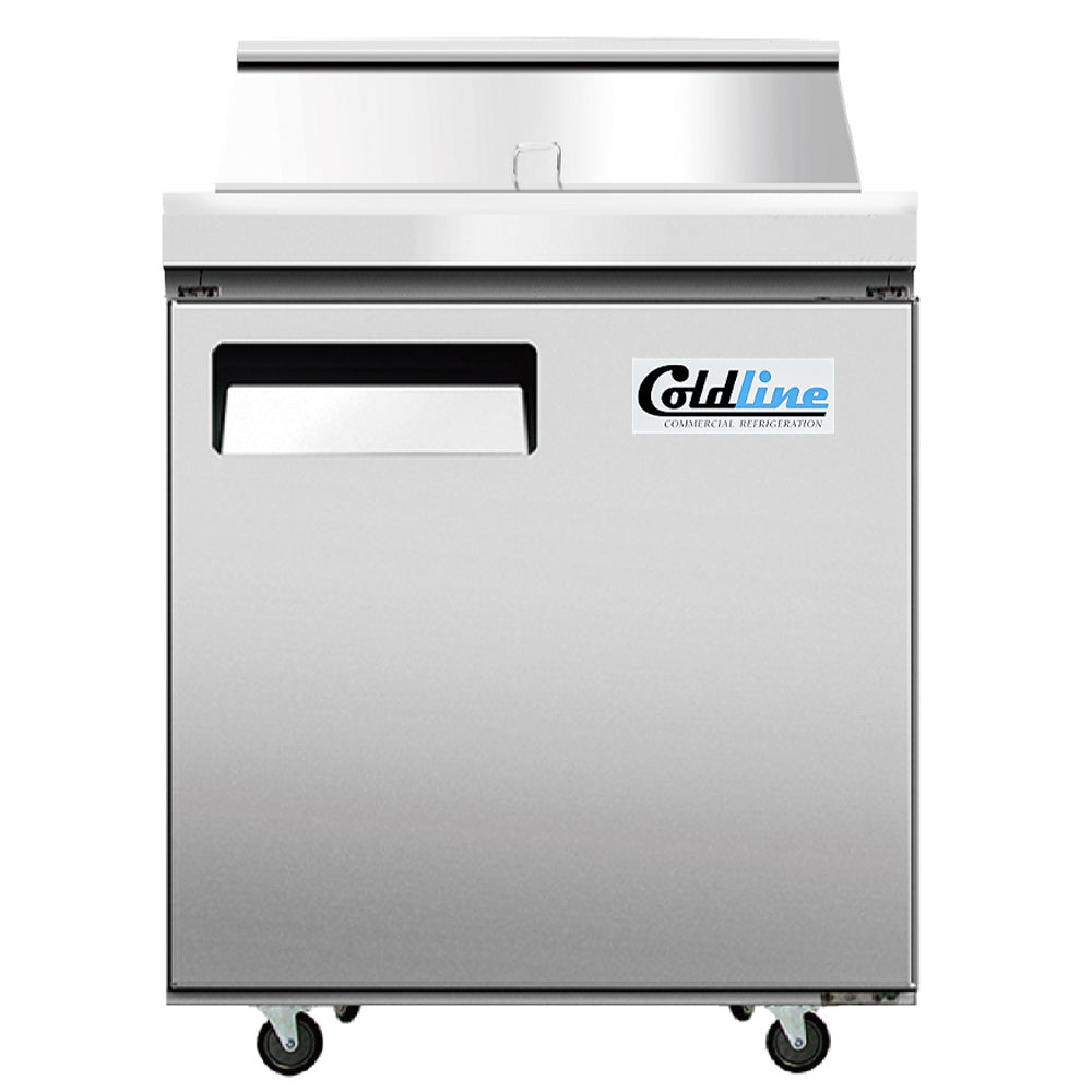 Coldline SP27T 27-inch refrigerated sandwich prep table with stainless steel body, built-in cutting board, and included food pans for efficient sandwich and salad preparation in commercial kitchens.