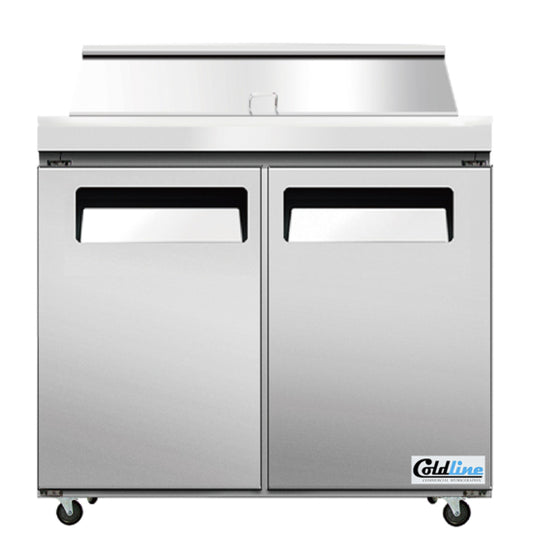 Coldline SP36T 36-inch refrigerated sandwich prep table with stainless steel construction, integrated cutting board, and food pans, designed for efficient sandwich and salad prep in commercial kitchens.