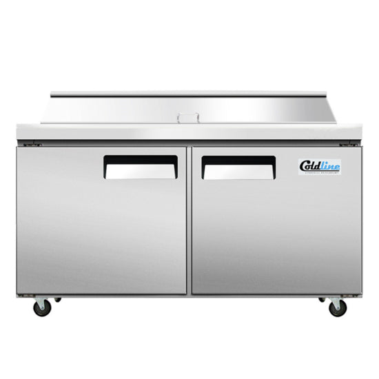 Coldline SP60T 60-inch refrigerated sandwich prep table featuring a 12" deep removable cutting board, 16 x 1/6 size food pans, self-closing doors, insulated roll top lid, and a 1/4+ HP refrigeration system maintaining temperatures between 33°F and 41°F.