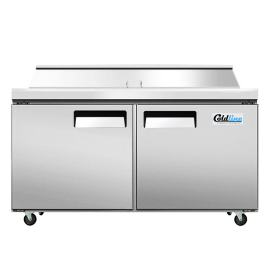 Coldline SP60T 60-inch refrigerated sandwich prep table featuring a 12" deep removable cutting board, 16 x 1/6 size food pans, self-closing doors, insulated roll top lid, and a 1/4+ HP refrigeration system maintaining temperatures between 33°F and 41°F.