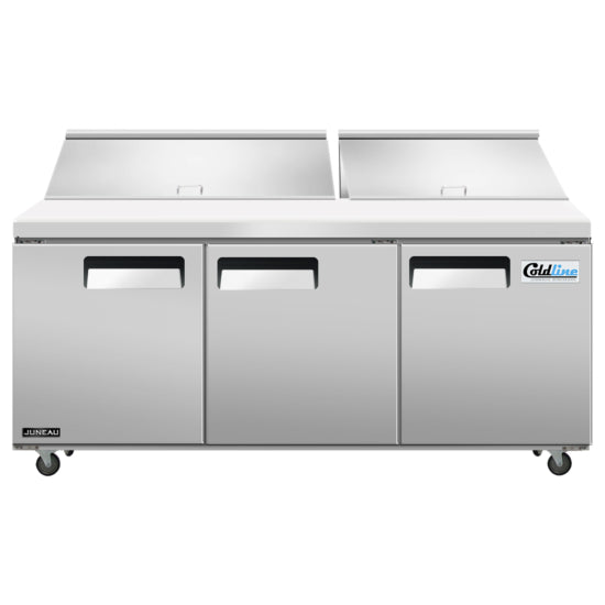 Coldline SP72T 72-inch refrigerated sandwich prep table featuring a 12" deep removable cutting board, 18 x 1/6 size food pans, self-closing doors, insulated roll top lid, and a 2/3 HP refrigeration system maintaining temperatures between 33°F and 41°F.