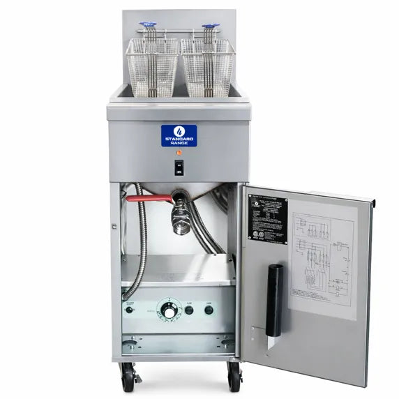Standard Range SR-EF50-240-3 50 lb electric floor fryer, 240V 3 phase, built for commercial kitchens, restaurants, and foodservice operations. Delivers high-capacity frying, fast recovery time, and consistent cooking performance for demanding kitchen environments.