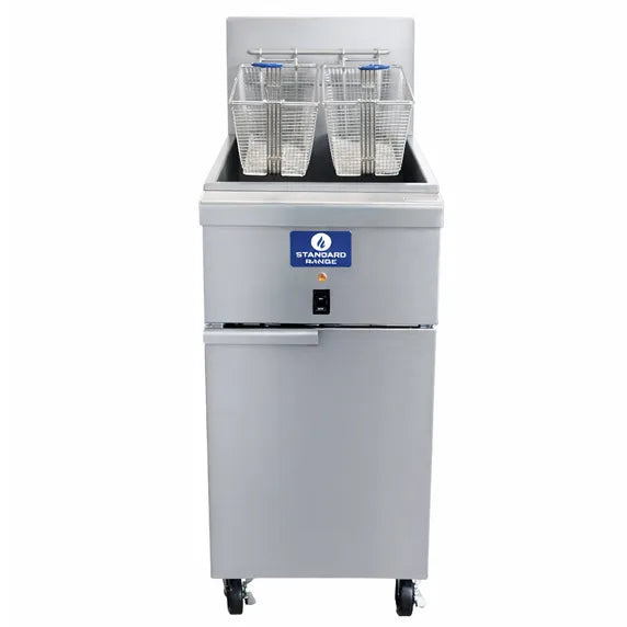Standard Range SR-EF50-208-1 50 lb electric floor fryer, 208V single phase, ideal for restaurants, commercial kitchens, and foodservice operations. Offers efficient high-capacity frying, rapid heat recovery, and consistent performance for busy professional cooking environments.