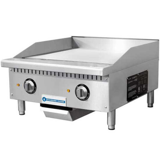 Standard Range SR-EG24 24" commercial electric countertop griddle, powered by 208/240V, ideal for precise, energy-efficient cooking in restaurants and food service kitchens with limited gas access.