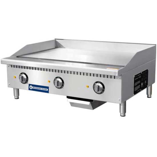 Standard Range SR-EG36 36" commercial electric countertop griddle, powered by 208/240V, perfect for high-efficiency cooking in commercial kitchens, offering precise temperature control and even heat distribution.