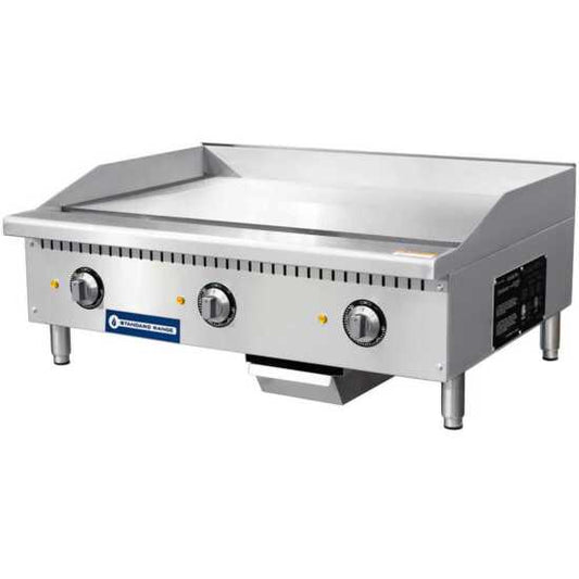 Standard Range SR-EG36 36" commercial electric countertop griddle, powered by 208/240V, perfect for high-efficiency cooking in commercial kitchens, offering precise temperature control and even heat distribution.