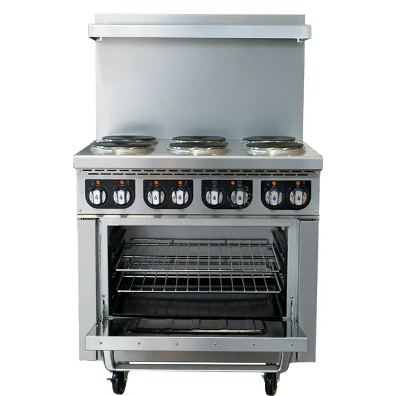 Standard Range SR-ER36-208 36” Electric Range with 6 burners and standard oven, powered by 208V 3 phase electricity. Perfect for restaurants, commercial kitchens, cafés, and foodservice operations needing dependable high-capacity cooking performance.