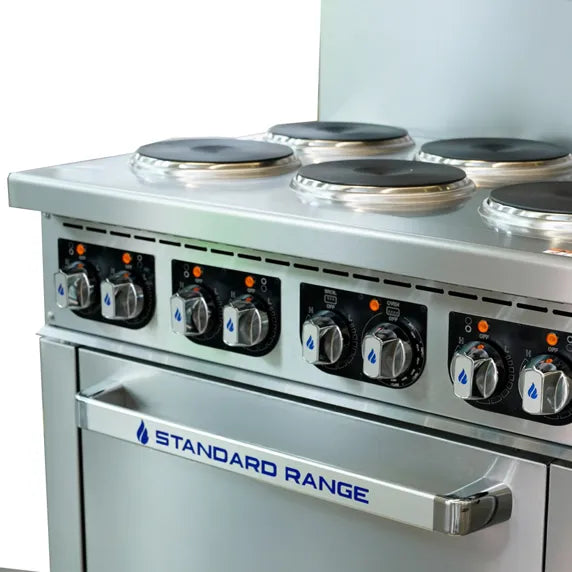 Standard Range SR-ER36-208 36” Electric Range with 6 burners and standard oven, powered by 208V 3 phase electricity. Perfect for restaurants, commercial kitchens, cafés, and foodservice operations needing dependable high-capacity cooking performance.