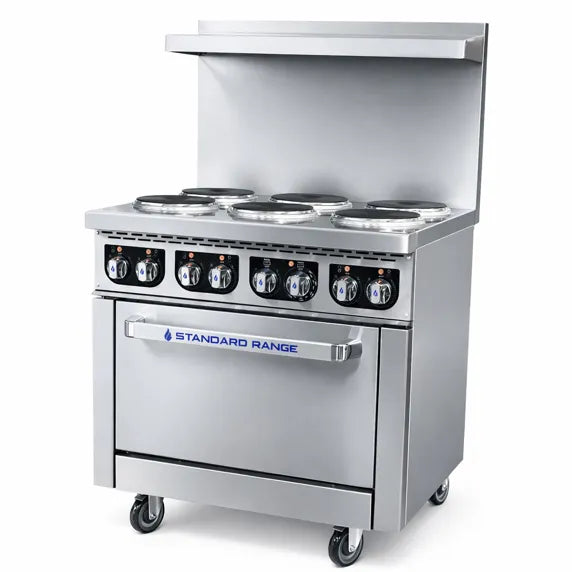 Standard Range SR-ER36-208 36” Electric Range with 6 burners and standard oven, powered by 208V 3 phase electricity. Perfect for restaurants, commercial kitchens, cafés, and foodservice operations needing dependable high-capacity cooking performance.