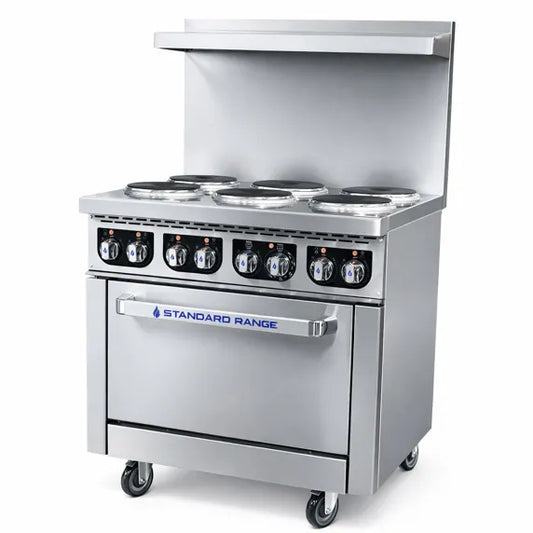 Standard Range SR-ER36-208 36” Electric Range with 6 burners and standard oven, powered by 208V 3 phase electricity. Perfect for restaurants, commercial kitchens, cafés, and foodservice operations needing dependable high-capacity cooking performance.
