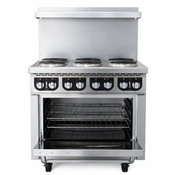 Standard Range SR-ER36-240 36” Electric Range with 6 burners and standard oven, powered by 240V single phase electricity. Ideal for restaurants, cafés, commercial kitchens, and foodservice operations requiring reliable and efficient cooking performance.