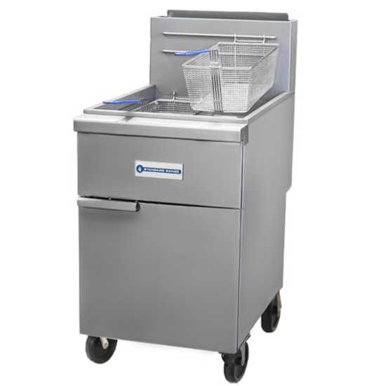 Standard Range SR-F5-NG 80 lb. Natural Gas Stainless Steel Floor Fryer - 150,000 BTU, designed for high-volume frying in commercial kitchens, perfect for efficiently cooking large quantities of fried foods.
