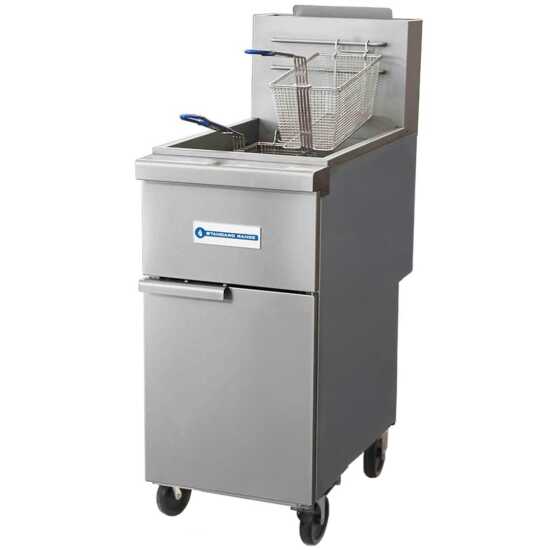 Standard Range SR-F4-LP 50 lb. Liquid Propane Stainless Steel Floor Fryer - 120,000 BTU, optimized for high-capacity frying in commercial kitchens, ideal for efficiently cooking large batches of fried foods.