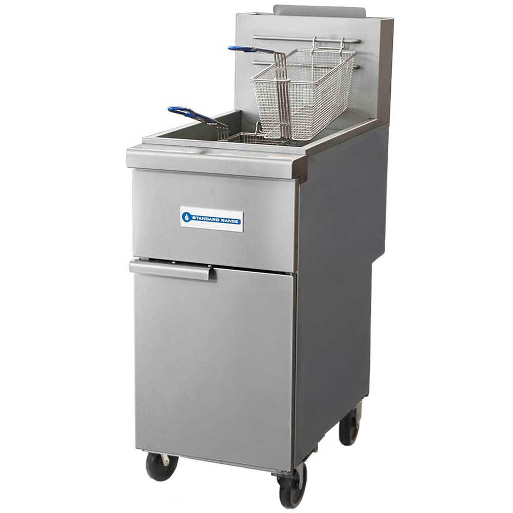 Standard Range SR-F4S-NG 50 lb. Solid State Floor Fryer - Natural Gas, 120,000 BTU, designed for consistent frying performance in commercial kitchens, ideal for preparing a variety of fried foods efficiently.