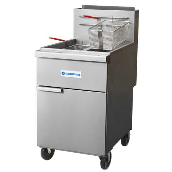 Standard Range SR-F4D-NG 78 lb. Natural Gas Stainless Steel Split Pot Floor Fryer - 120,000 BTU, designed for versatile frying in commercial kitchens, allowing the preparation of different foods simultaneously.