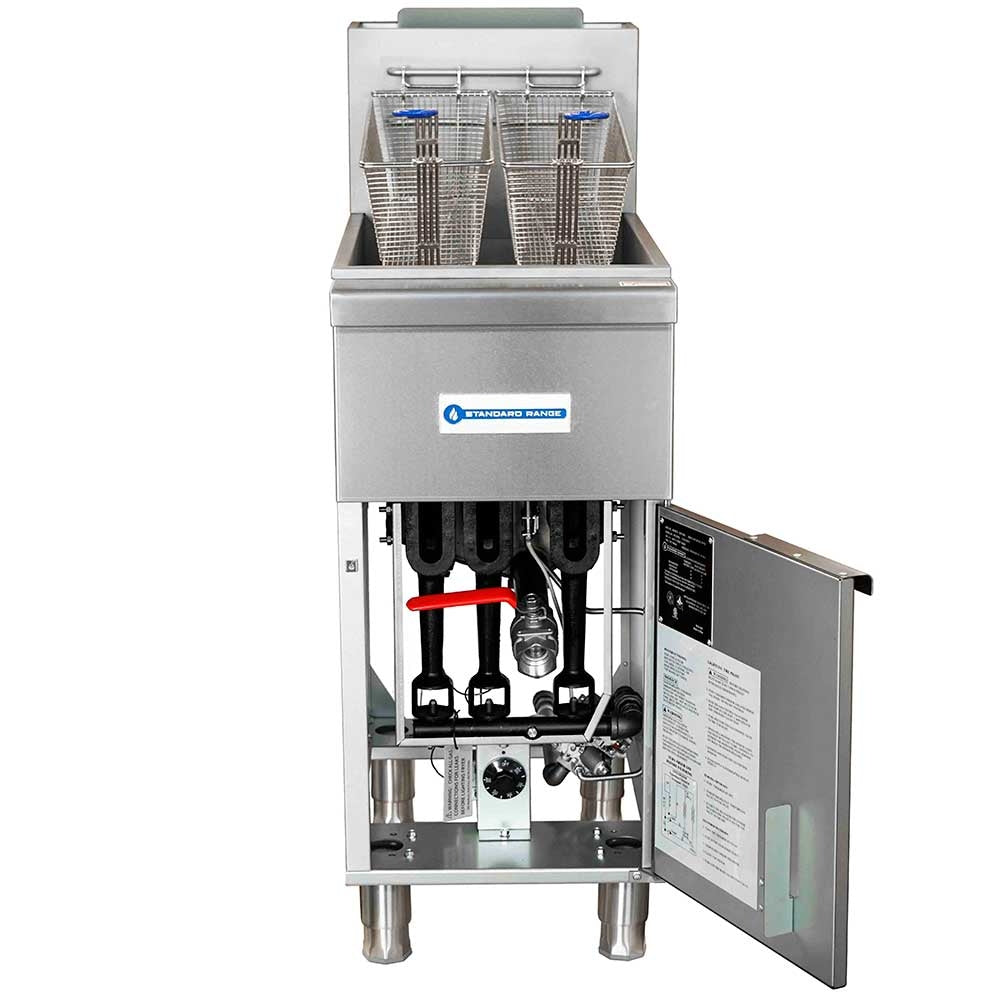 Standard Range SR-F3-LP Liquid Propane 40 lb. Stainless Steel Floor Fryer - 90,000 BTU, engineered for efficient frying in commercial kitchens, ideal for preparing a wide range of fried foods.