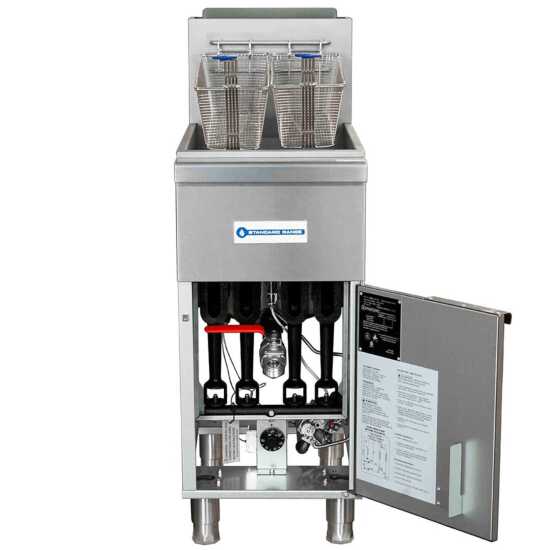 Standard Range SR-F4-NG 50 lb. Natural Gas Stainless Steel Floor Fryer - 120,000 BTU, designed for high-efficiency frying in commercial kitchens, perfect for preparing large quantities of fried foods.