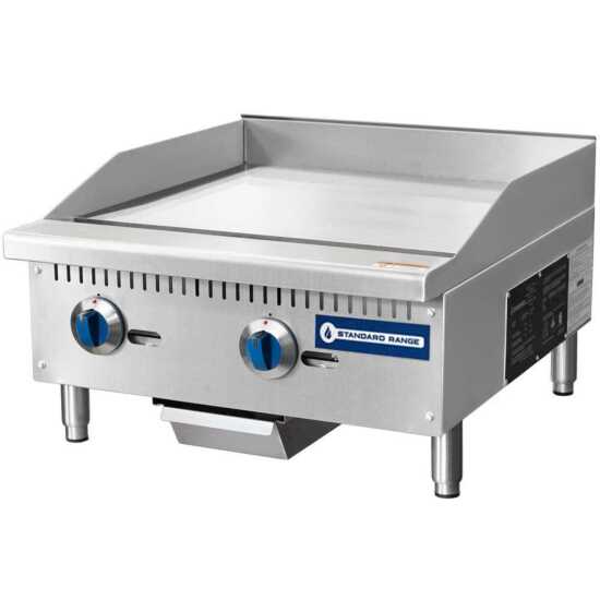 Standard Range SR-G24-M 24" commercial countertop 2 burner gas griddle with manual controls, providing 60,000 BTUs, perfect for efficiently cooking multiple items in busy restaurant and food service kitchens.