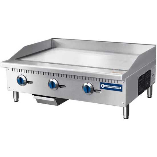 Standard Range SR-G36-M 36" commercial countertop 3 burner gas griddle with manual controls, delivering 90,000 BTUs, ideal for high-demand kitchens needing versatile and efficient cooking options