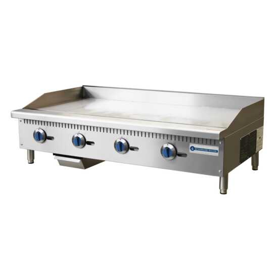 Standard Range SR-G48-M 48" commercial countertop 4 burner gas griddle with manual controls, providing 120,000 BTUs, perfect for high-volume kitchens needing efficient cooking for a wide range of dishes.