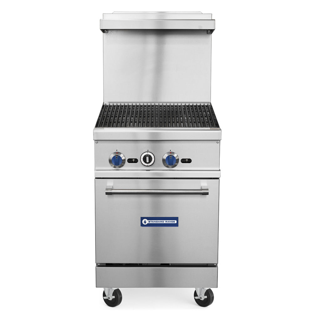 Standard Range SR-R24-24MG-LP 24-inch liquid propane commercial range with 24-inch griddle top and oven 93000 BTU for compact cooking in restaurants cafes and commercial kitchens