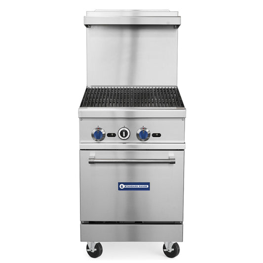 Standard Range SR-R24-24MG-LP 24-inch liquid propane commercial range with 24-inch griddle top and oven 93000 BTU for compact cooking in restaurants cafes and commercial kitchens
