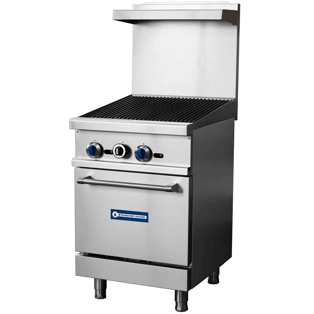 Standard Range SR-R24-24MG-NG 24-inch natural gas commercial range with 24-inch griddle top and oven 93000 BTU for compact cooking in restaurants cafes and commercial kitchens